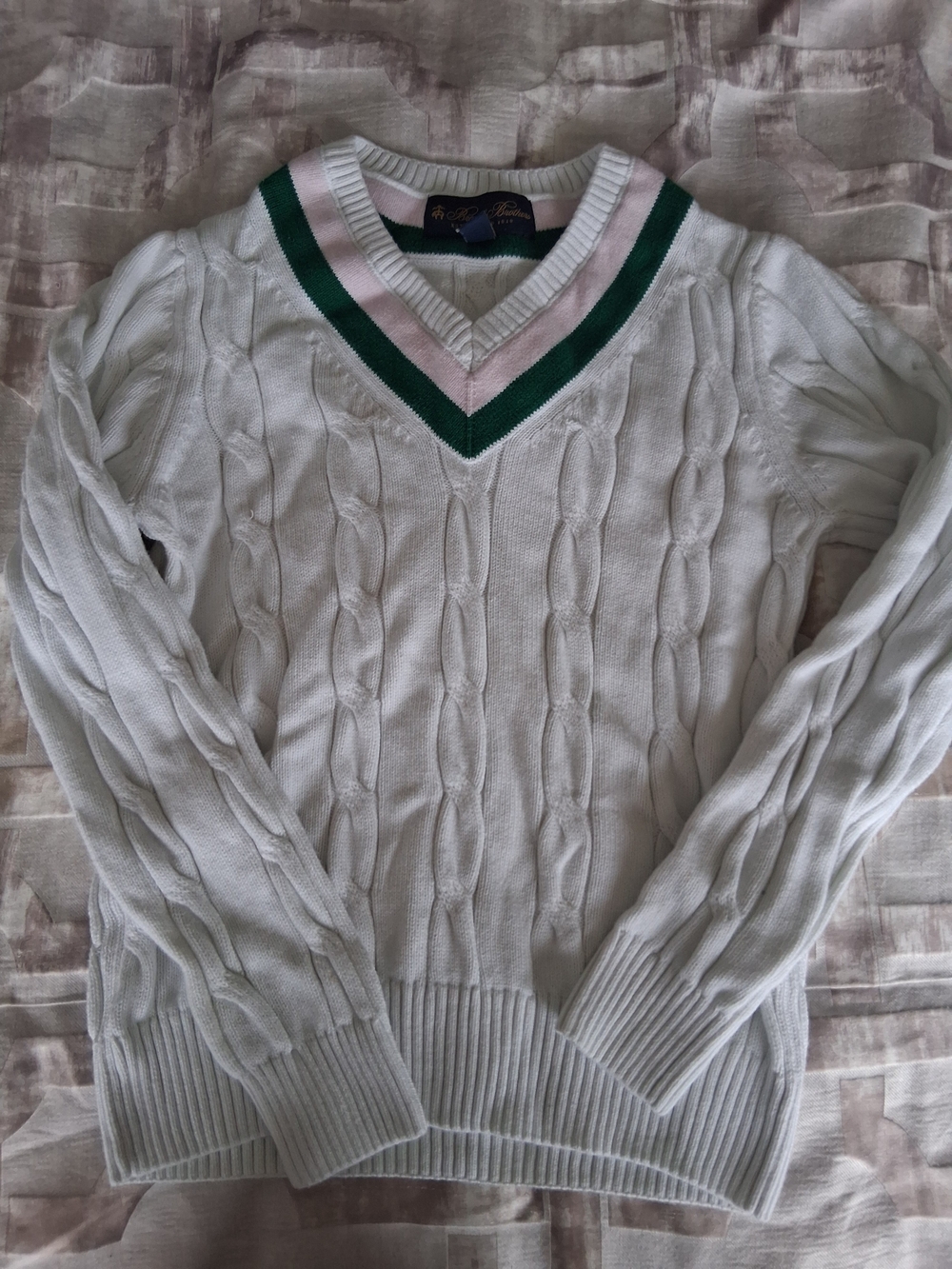 Girls Brooks Brothers White Cable-Knit V-Neck Sweater with Green & Pink Trim